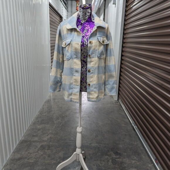 Kensie Women's Small Cream and Blue Plaid Button Up Trucker Jacket Coat - Picture 3 of 4